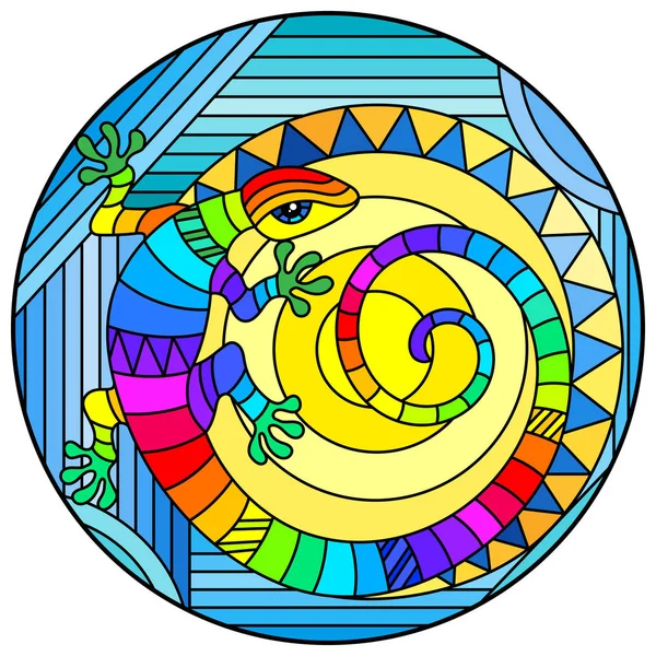Illustration in stained glass style with abstract rainbow lizard and a sun on blue background, round image — Stock vektor
