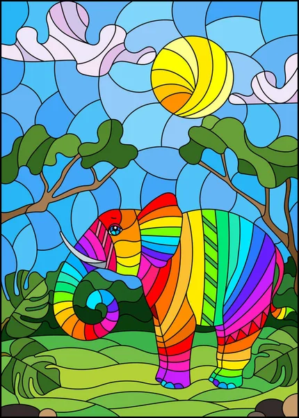 Illustration dans le style vitrail avec éléphant arc-en-ciel mignon sur le fond des arbres verts du ciel nuageux et le soleil — Image vectorielle