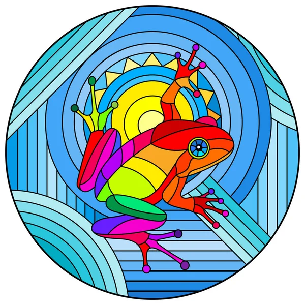 Ilustrace ve stylu barevného skla s abstraktní duhovou žábou na geometricky modrém pozadí se sluncem, kulatý obraz — Stockový vektor