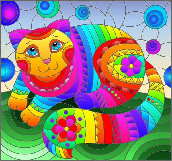 Ilustración en estilo vidriera con gato arco iris lindo abstracto sobre un fondo azul — Archivo Imágenes Vectoriales