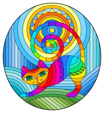 Soyut geometrik kedi ve soyut mavi arka planda güneş ile boyalı cam tarzında bir resim, oval resim