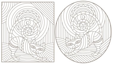Soyut kedili mozaik cam tarzında tasvir çizimleri, beyaz arkaplanda koyu çizgiler