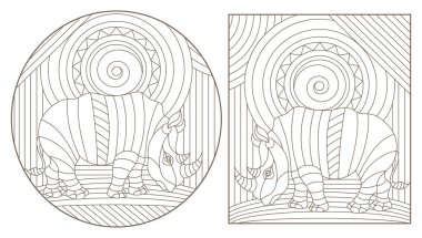 Gergedanlar, beyaz bir arka plan üzerinde koyu konturlar ile Windows vitray kontur resimler ayarla