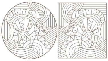 Soyut kedili mozaik cam tarzında tasvir çizimleri, beyaz arkaplanda koyu çizgiler