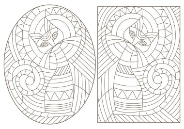 Soyut kedili mozaik cam tarzında tasvir çizimleri, beyaz arkaplanda koyu çizgiler