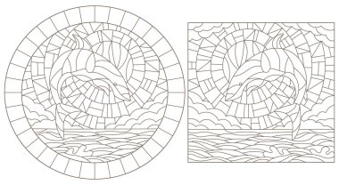 Deniz zemininde köpekbalıkları, bulut, gökyüzü ve güneş ile renklendirilmiş camların çizimlerini ayarla