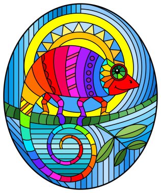 Soyut geometrik gökkuşağı bukalemunu, oval görüntü ile renklendirilmiş cam tarzı bir resim