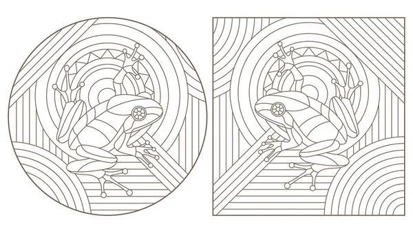 Conjunto de ilustraciones de contorno de vidrieras con ranas, contornos oscuros sobre fondo blanco — Vector de stock