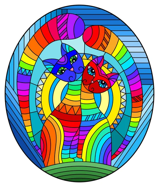 Ilustración en estilo vitral con un par de gatos arcoíris geométricos abstractos sobre un fondo azul con sol, imagen ovalada — Archivo Imágenes Vectoriales