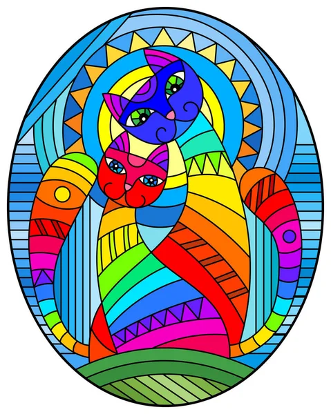 Illustration in stained glass style with a pair of abstract geometric rainbow cats on a blue background with sun, oval image — Stock Vector