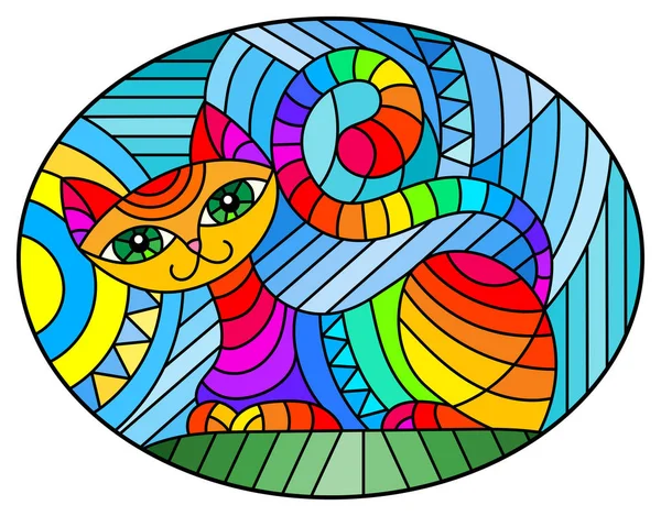 Ilustración en estilo vitral con gato geométrico abstracto y sol sobre fondo azul abstracto, imagen ovalada — Vector de stock