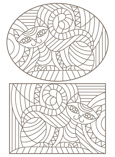 Série d'illustrations de contours dans le style du vitrail avec des chats abstraits, contours sombres sur fond blanc — Image vectorielle