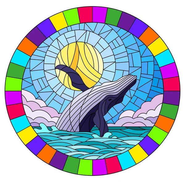 Illustration im Glasmalereistil mit einem Wal auf dem Hintergrund von Wasser, Wolke, Himmel und Sonne, ovales Bild — Stockvektor
