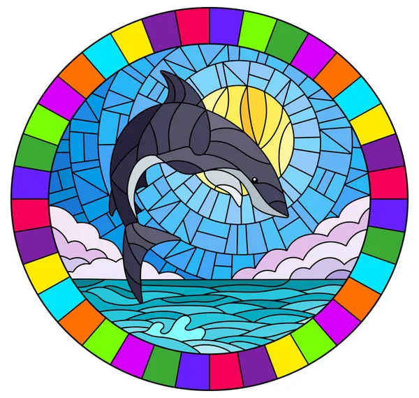 Illustrazione in stile vetrate con uno squalo sullo sfondo di acqua, nuvole, cielo e sole — Vettoriale Stock