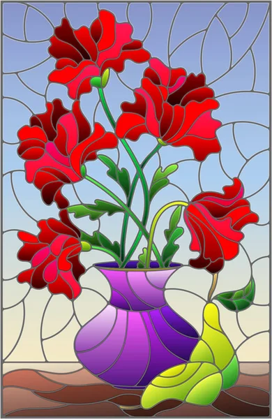 Иллюстрация в витражном стиле с букетами красных маковых цветов в фиолетовой вазе и груш на столе на синем фоне — стоковый вектор