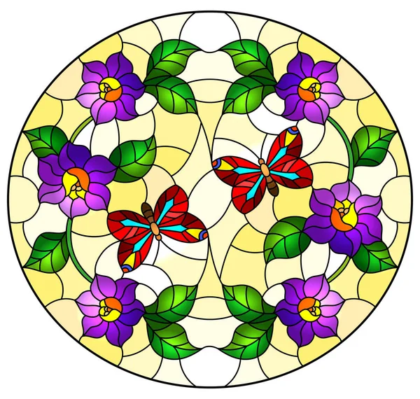 Ilustración en estilo vitral con flor púrpura rizada abstracta y una mariposa roja sobre fondo amarillo, imagen oval — Archivo Imágenes Vectoriales