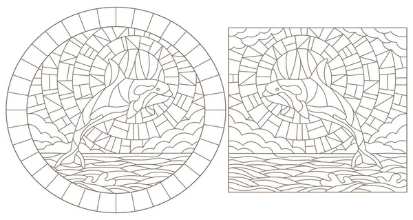 Ställ kontur illustrationer av målat glas med valar späckhuggare på havet bakgrund, moln, himmel och sol — Stock vektor