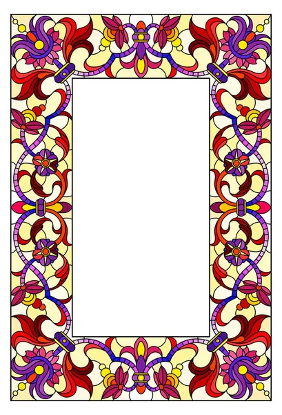 Ilustração em moldura de flor estilo vitral, flores brilhantes e folhas em moldura amarela em um fundo branco —  Vetores de Stock