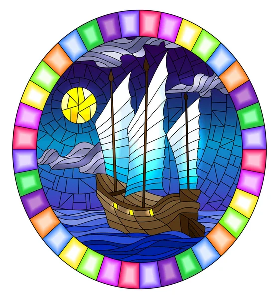 Gece gökyüzü, ay ve okyanusun arka planında kırmızı yelkenli Doğu gemisi, parlak çerçeveli yuvarlak görüntü.