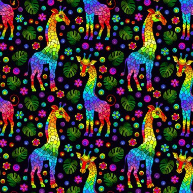 Zürafalar, parlak gökkuşağı hayvanları, çiçekler ve yapraklarla kusursuz desen.