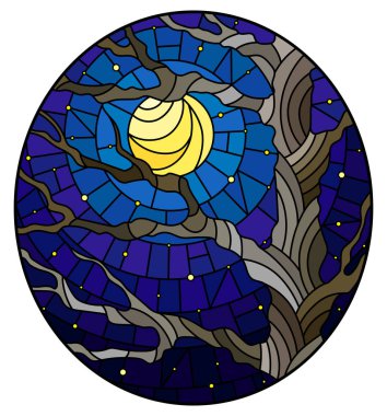 Yıldızlı arka plan ve ay oval görüntü üzerinde sonbahar çıplak ağacı ile boyalı cam tarzında bir resim 