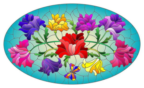 Иллюстрация Витражном Стиле Цветочной Компоновкой Цветов Красочных Цветов Листьев Синем — стоковый вектор