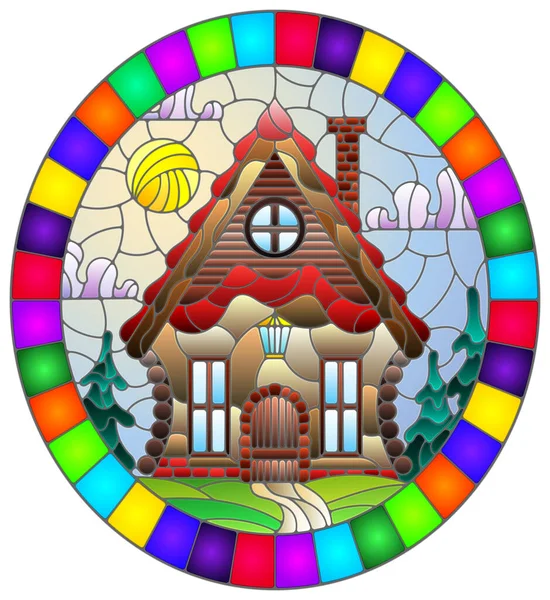 Illustration Stained Glass Style Cozy Wooden House Background Trees Sky — ストックベクタ