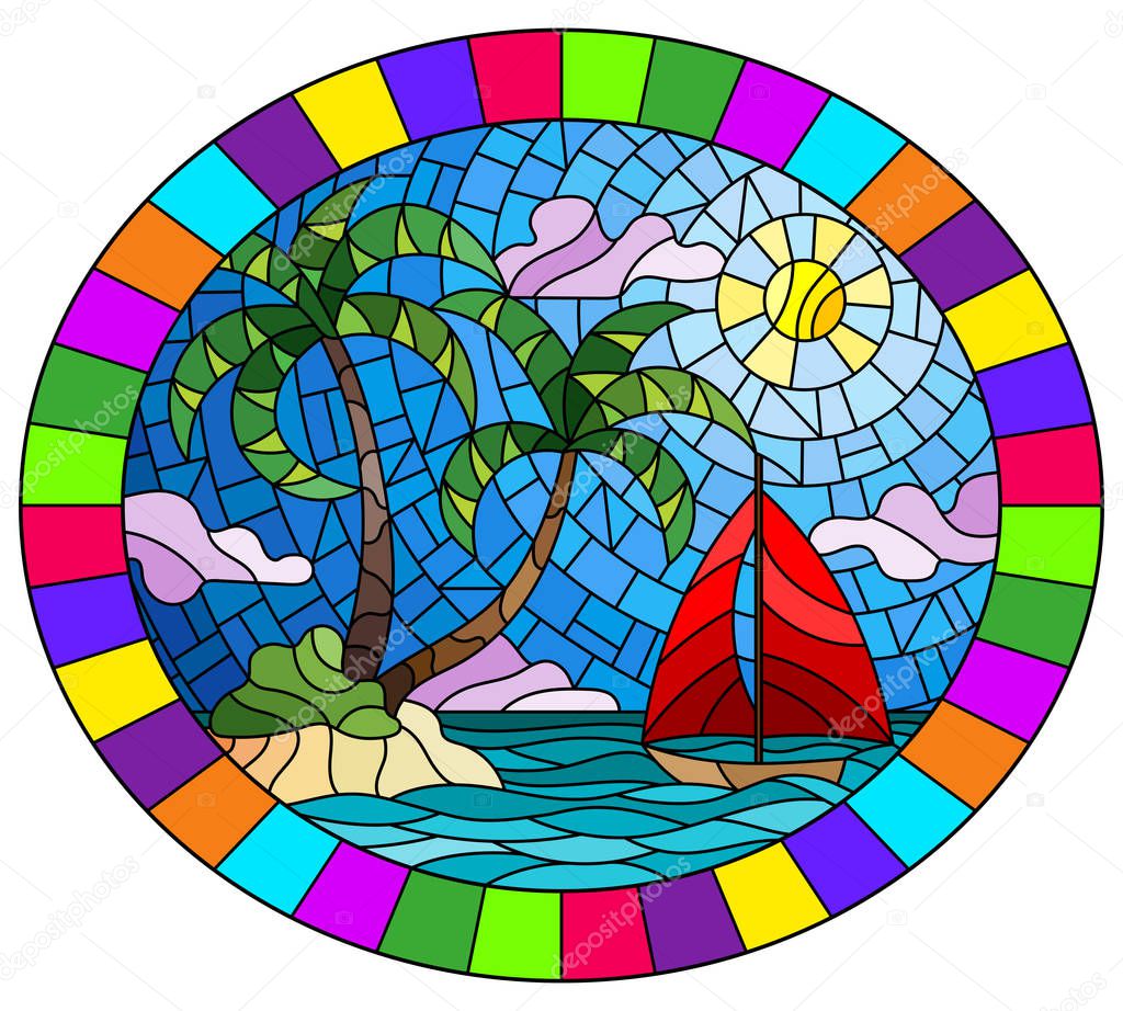 Illustration in stained glass style with a tropical sea landscape, coconut trees  on the sandy beach and a ship , oval image in bright frame