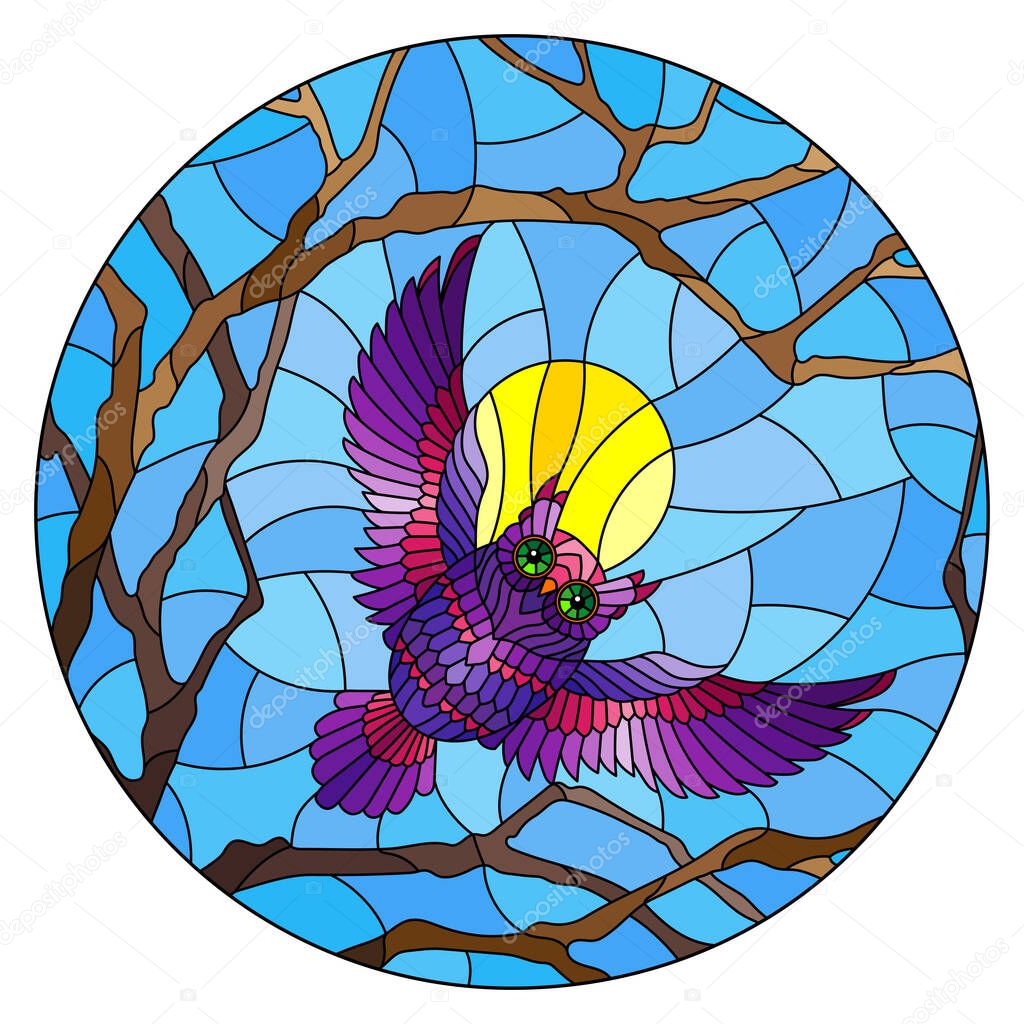 The illustration in stained glass style painting with the fabulous purple owl in the day sky and sun in between the branches of the tree, round image