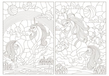 Manzaraların arka planında boyalı cam tarzı tek boynuzlu atlar, beyaz arka planda koyu renkli hatlar.