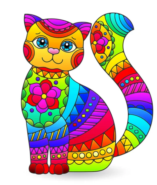 Illustration Stained Glass Style Abstract Rainbow Cat Isolated White Background — Stock Vector