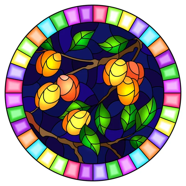 Ilustrație Stilul Unei Ferestre Vitralii Ramurile Piersicii Ramurile Frunzele Fructele — Vector de stoc