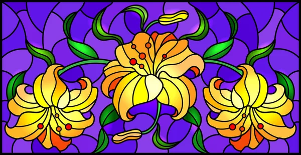 Илюстрация Витражном Стиле Цветами Листьями Бутонами Розовых Лилий Фиолетовом Фоне — стоковый вектор