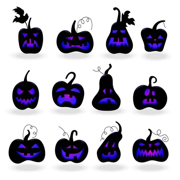 Set Para Halloween Las Siluetas Oscuras Calabazas Con Ojos Brillantes — Vector de stock