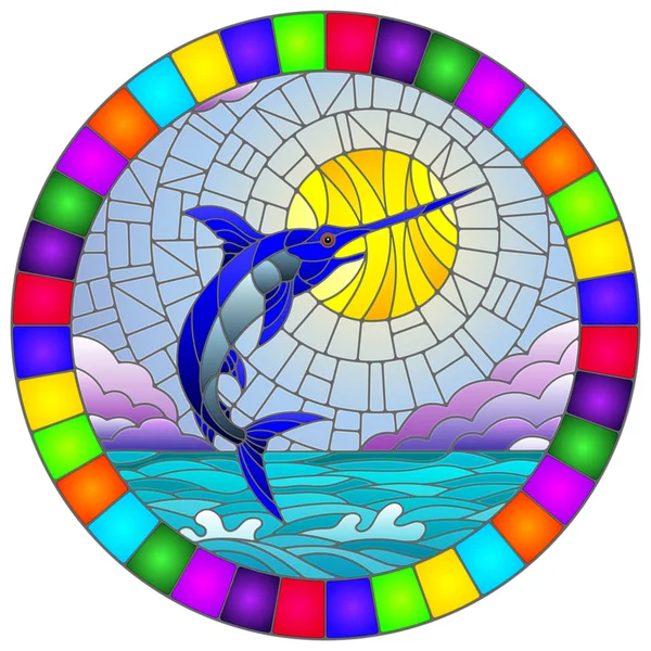 Illustration Stained Glass Style Fish Swordfish Background Water Cloud Sky — ストックベクタ