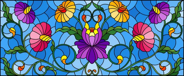 带有抽象旋涡的彩色玻璃样式的图解 蓝色背景上的花朵和叶子 水平方向 — 图库矢量图片