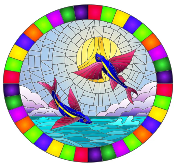 Illustration Stained Glass Style Pair Flying Fish Background Water Cloud — ストックベクタ