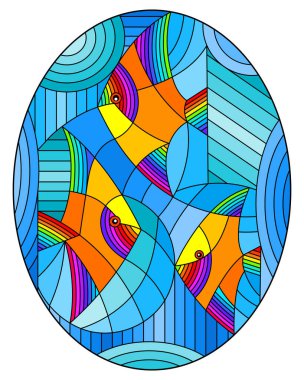 Geometrik mavi bir zemin üzerinde parlak soyut balıkla boyalı cam tarzı bir resim, oval resim