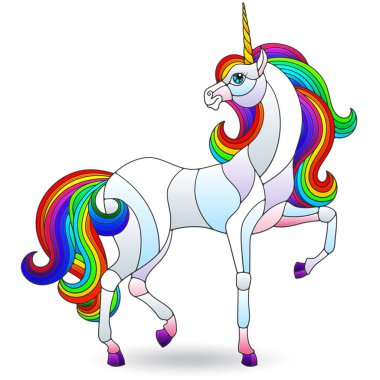 Beyaz arka planda izole edilmiş parlak gökkuşağı tek boynuzlu atıyla boyalı cam tarzında bir resim.