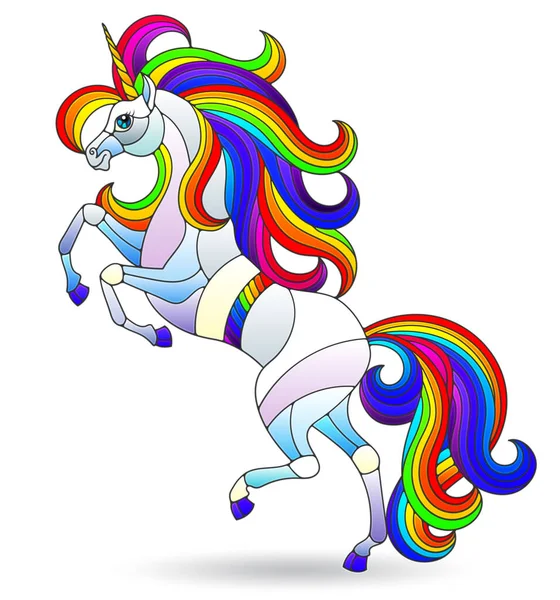 Ilustrasi Dalam Gaya Kaca Patri Dengan Unicorn Pelangi Terang Terisolasi - Stok Vektor