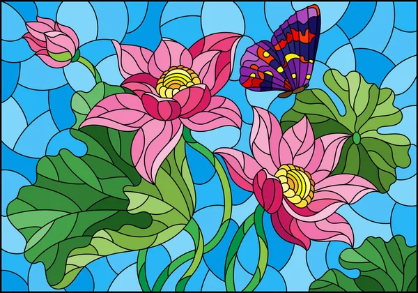 분홍색 꽃봉오리와 나뭇잎 배경에 나비가 스테인드글라스 스타일의 — 스톡 벡터
