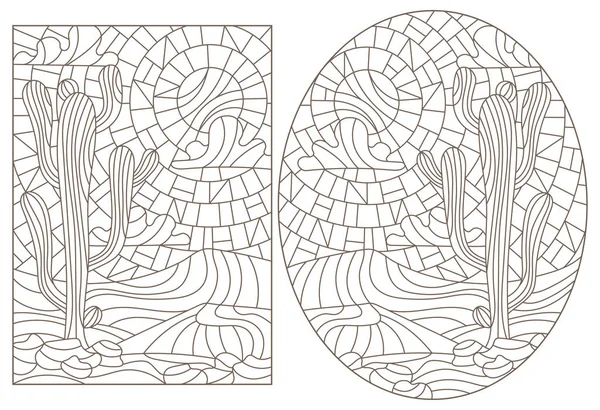 언덕의 풍경에 선인장 스테인드 글라스의 등고선 — 스톡 벡터