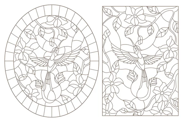 Zestaw Ilustracji Konturu Witraży Witrażami Kolibrami Kwiatami Ciemne Kontury Białym — Wektor stockowy