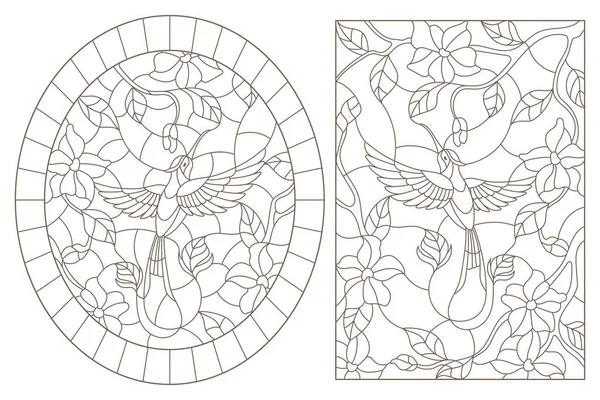 Ensemble Illustrations Contours Vitraux Avec Des Fleurs Sable Des Oiseaux — Image vectorielle