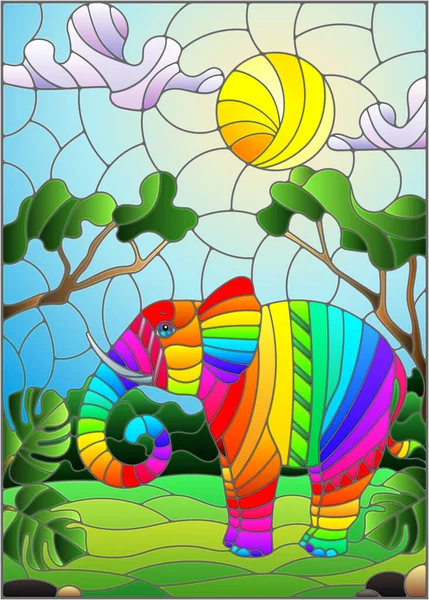 Illustration Stained Glass Style Cute Rainbow Elephant Background Green Trees — Stock Vector