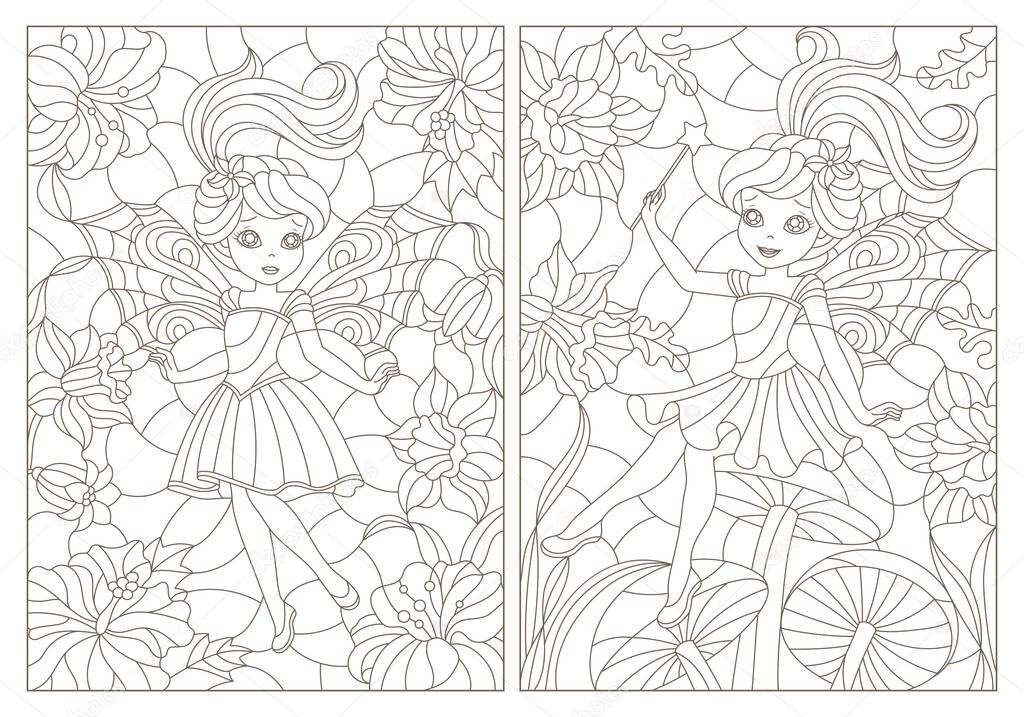 Set of contour illustrations of stained glass with fairys on a background of flowers, dark contours on a white background