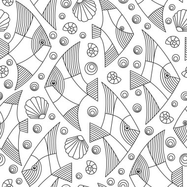 Deniz temalı kusursuz bir desen. Balık ve kabuklu. Beyaz arka planda koyu renkli balıklar.