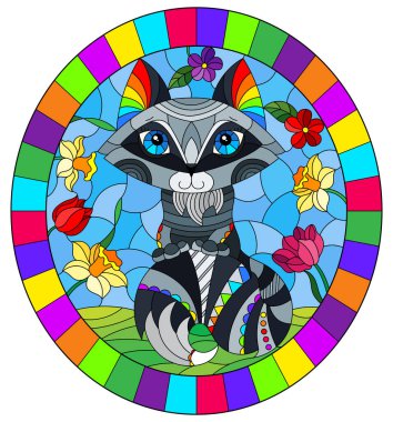 Çiçeklerin ve gökyüzünün arka planında soyut ve şirin bir rakun olan vitrindeki resim