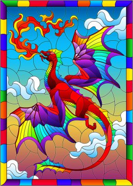 Vitray stil alevler gökyüzü ve bulutlar çerçevede, parlak çerçeve ile parlak ejderha ile resimde