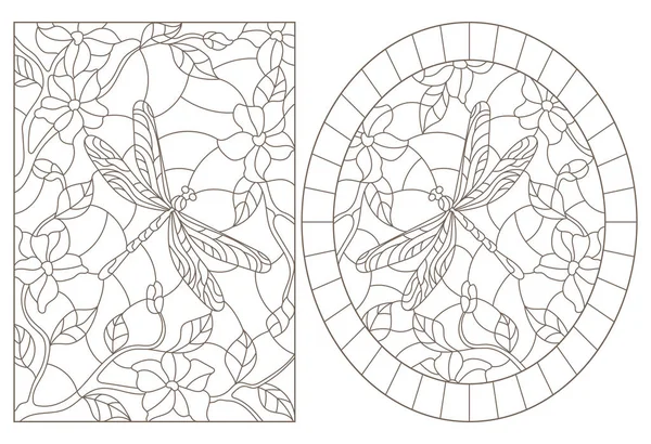 Série Illustrations Contour Vitrail Avec Fleurs Libellules Contours Sombres Sur — Image vectorielle